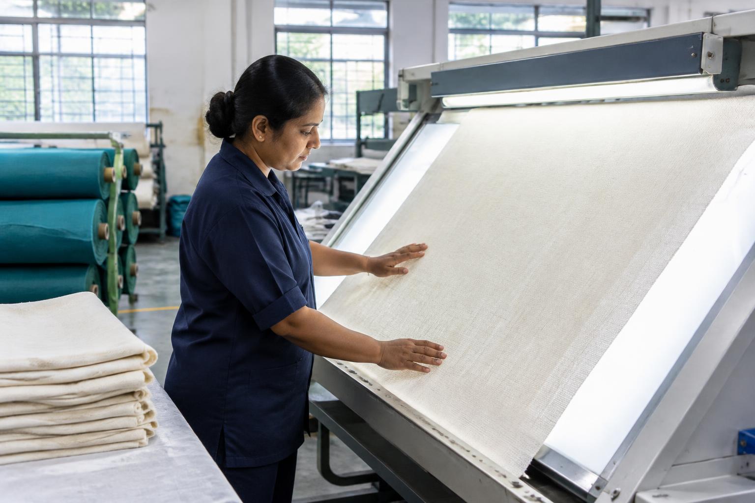 Technician inspecting woven fabric — illustrative textile quality control